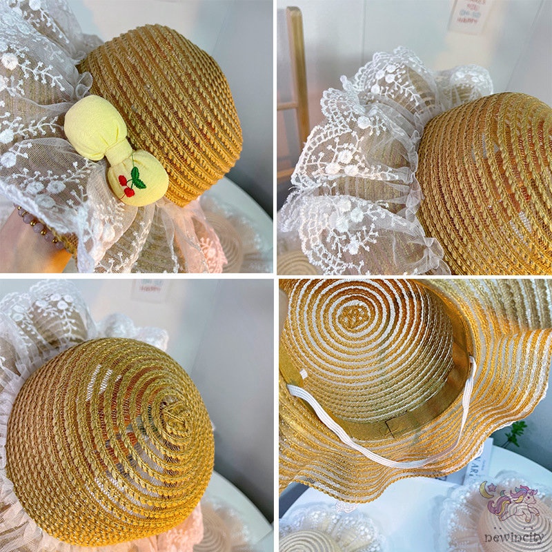 Nón Cói Vành Rộng Phối Ren Thoáng Khí Đính Nơ Họa Tiết Quả Cherry Phong Cách Hàn Quốc Cho Bé Gái