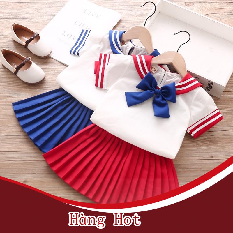 Bộ Đồng Phục 2 Món Áo Gồm Tay Ngắn Cổ Thủy Thủ + Chân Váy Xếp Ly Eo Kiểu Mới Thời Trang Mùa Hè Cho Bé Gái Lu