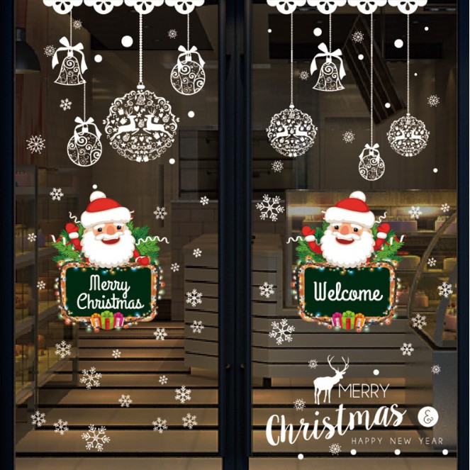 Decal Trang Trí Noel Size Lớn - Bộ Kết Hợp Rèm Trái Châu Và Ông Già Noel Vui Vẻ