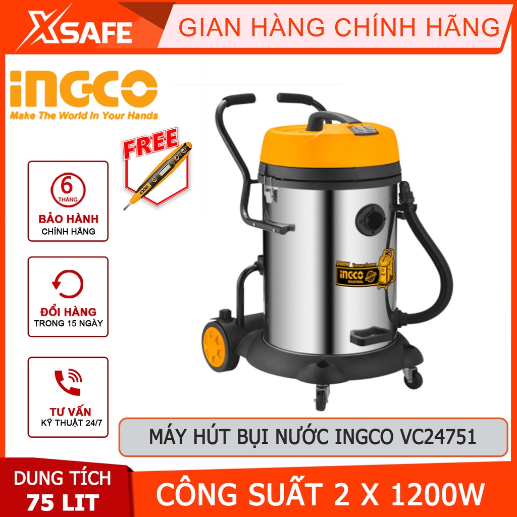 Máy hút bụi INGCO VC24751 1200W, hút bụi khô và ướt, dung tích 75L, bình chứa thép không gỉ, dây cáp 5.5m, kèm phụ kiện