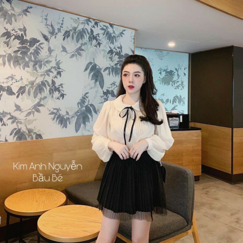 Áo voan cổ sen buộc nơ đen