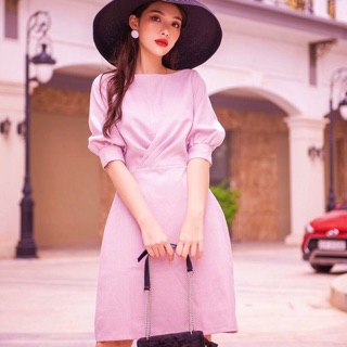Đầm hồng xếp li eo, váy dự tiệc