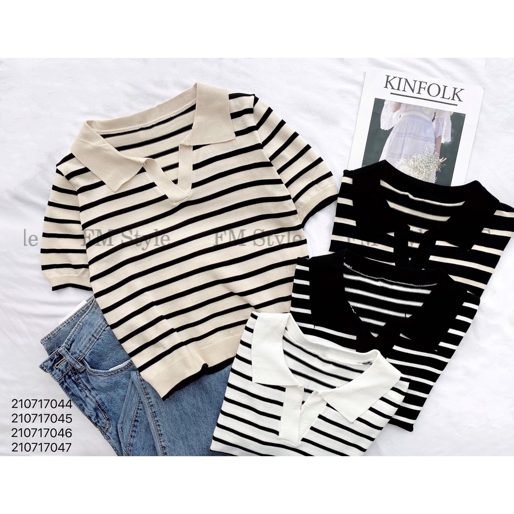 Áo kiểu nữ FM Style cổ bẻ tay ngắn họa tiết sọc ngang phong cách năng động trẻ trung thanh lịch basic 210717046 | BigBuy360 - bigbuy360.vn