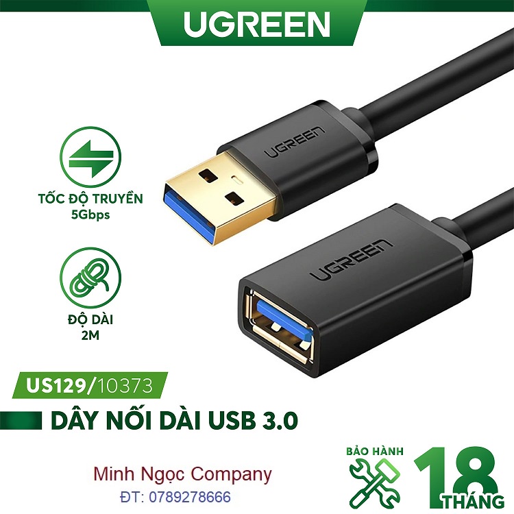 Dây nối dài USB 3.0 mạ vàng UGREEN US129 dây dạng dẹt và tròn (dài 0,5- 1M-2M-3M-5M) - Hàng Chính Hãng