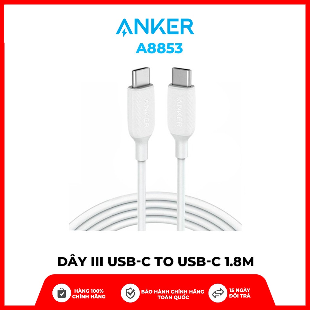 Cáp truyền dữ liệu điện thoại Anker PowerLine III USB-C to USB-C 2.0, 1.8m Hàng chính hãng- A8853