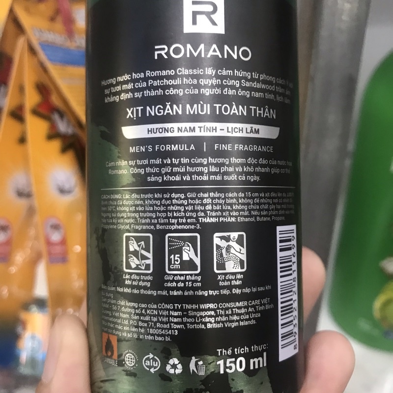 Xịt khử mùi Romano  150ml(mẫu mới)
