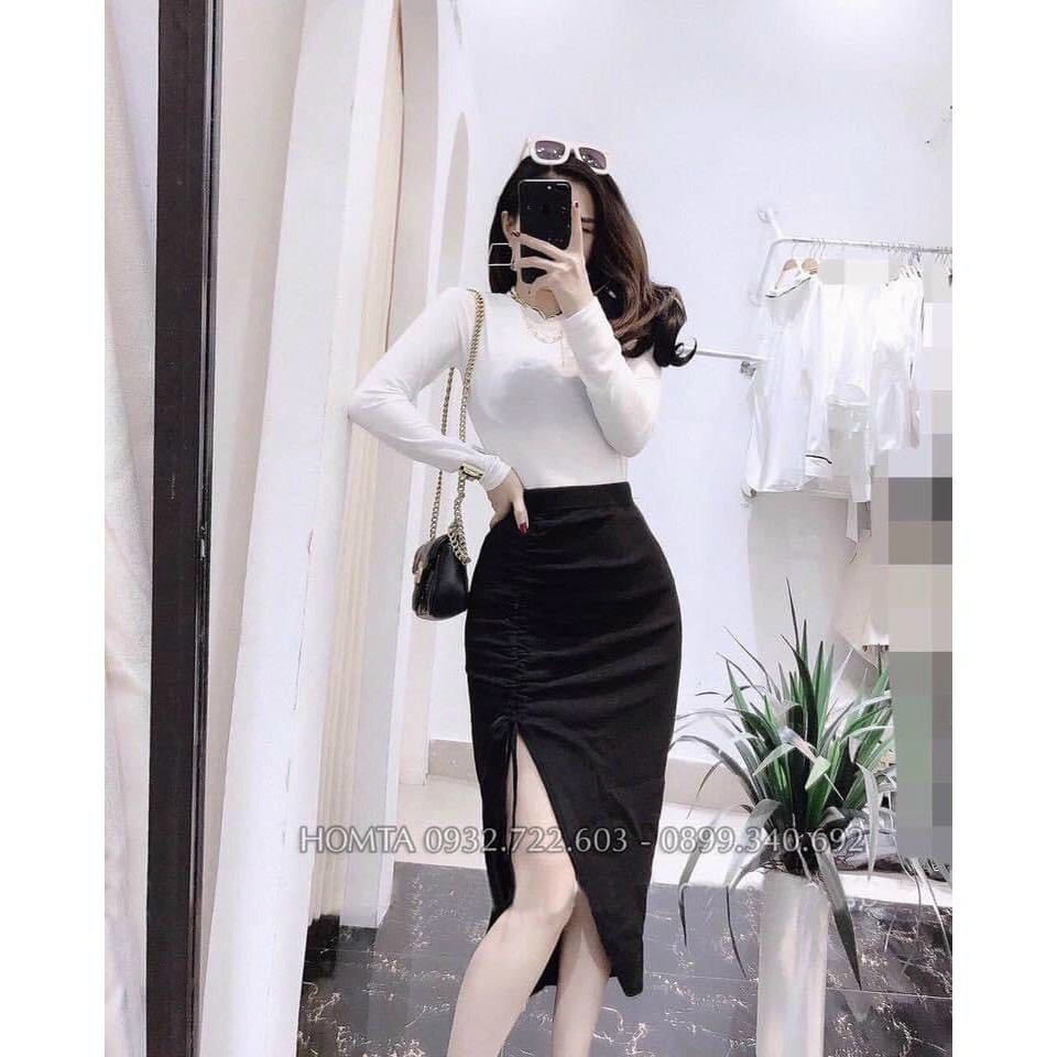 Sale Chân váy midi tạo dáng ôm mông quả đào, xẻ đùi rút dây sexy 12C38B1 Sale