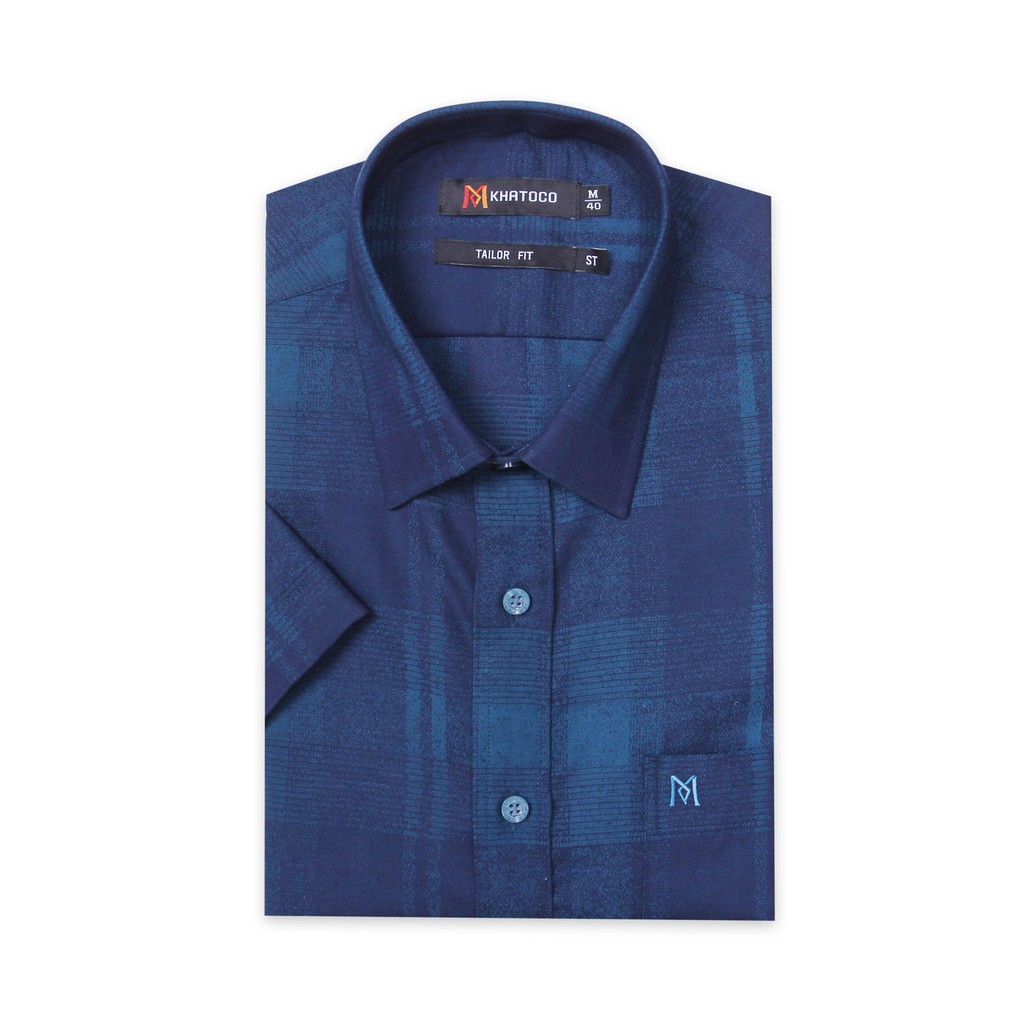 Áo sơ mi nam tay ngắn Khatoco màu xanh navy kẻ caro mã A1MN538T2-CNCR016-2202-N