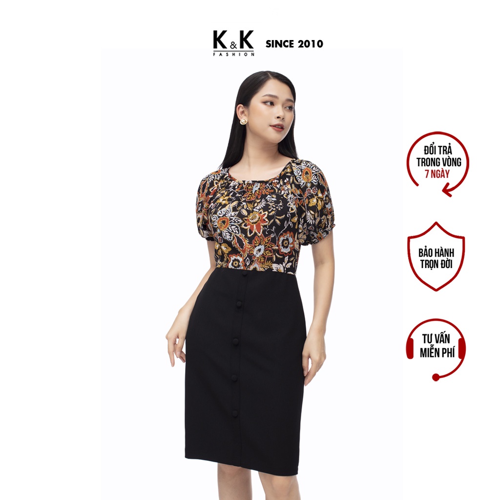 Đầm Ôm Công Sở Họa Tiết K&K Fashion KK107-02 Phối Nút Chất Liệu Tuyết Mưa Phối Tằm Ý