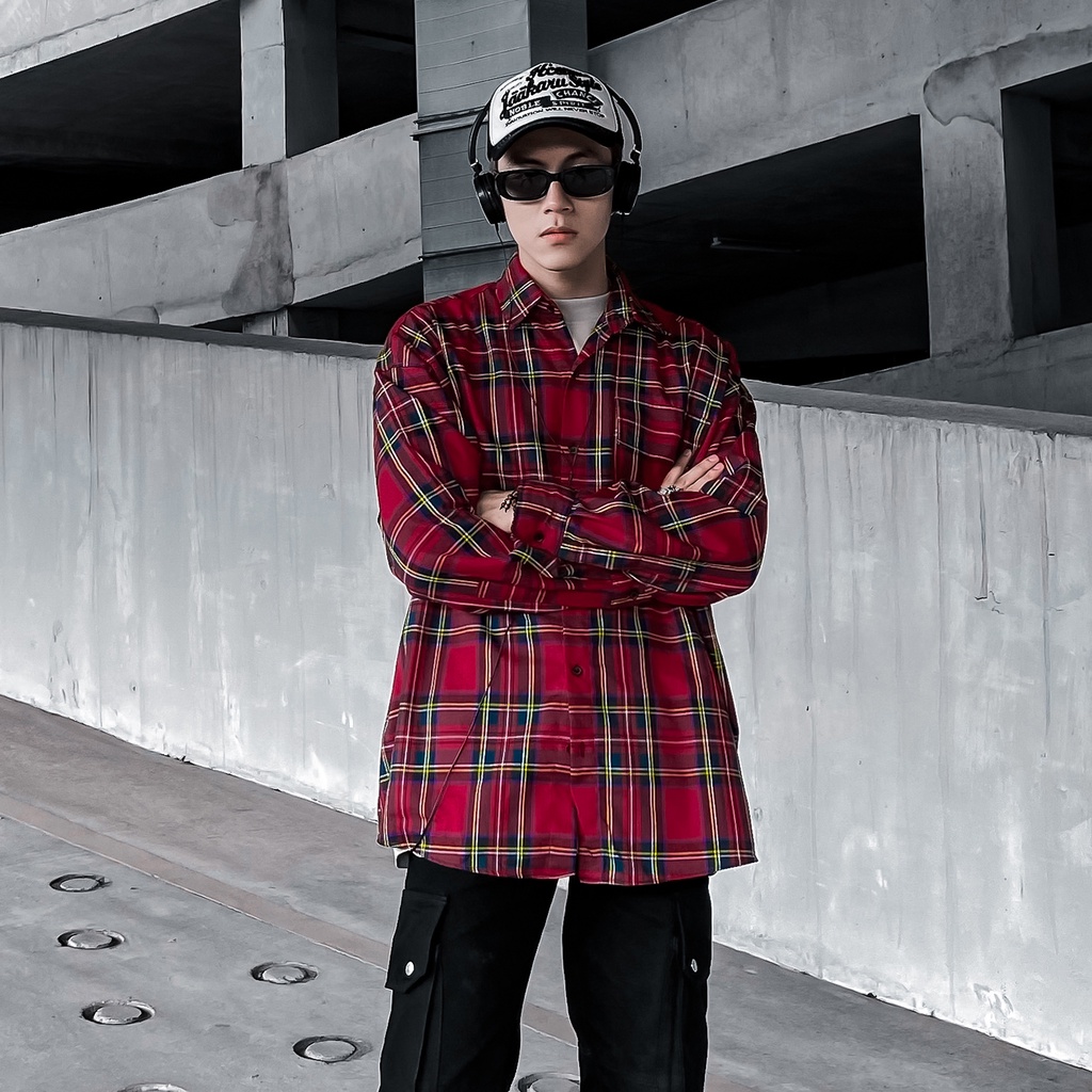 Áo Sơ Mi Flannel Màu Đỏ Sọc Vàng Form Rộng Thoải Mái Chất Liệu Cotton Thoáng Mát