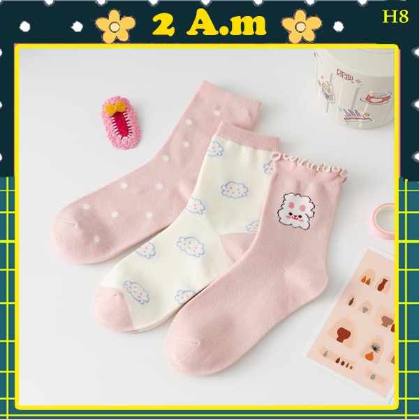 Tất Vớ Cổ Cao Thời Trang Nam Nữ Họa Tiết Mặt Cổ Bèo Tone Hồng Unisex Style Hàn Quốc