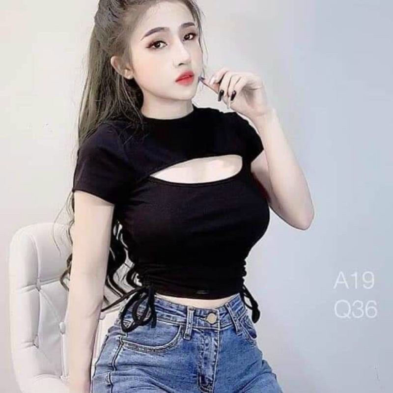Áo thun croptop áo rút dây 2 bên chất thun gân dày dặn ,co giãn A2b