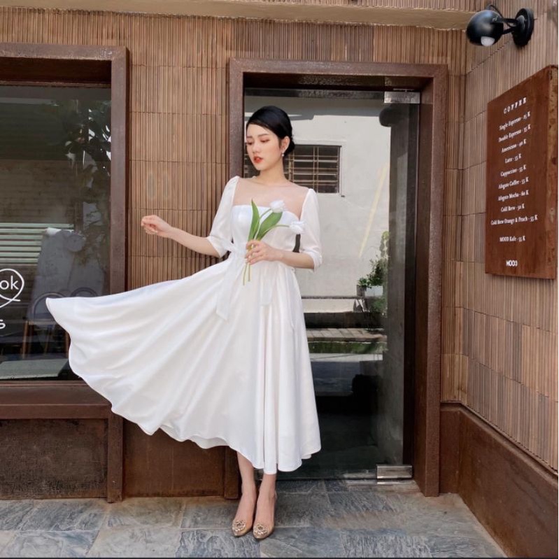 Đầm trắng xòe phối cổ lưới sang trọng Wendy Dress
