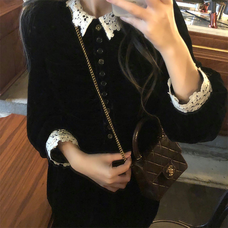 Đầm Đen Dáng Dài Chiết Eo Phong Cách Retro Pháp Thời Trang Thu Đông 2022