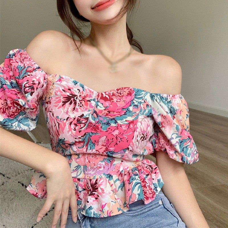 Áo croptop nữ hở lưng tay phồng cổ vuông in hoa ngọt ngào thời trang mùa hè Hàn Quốc