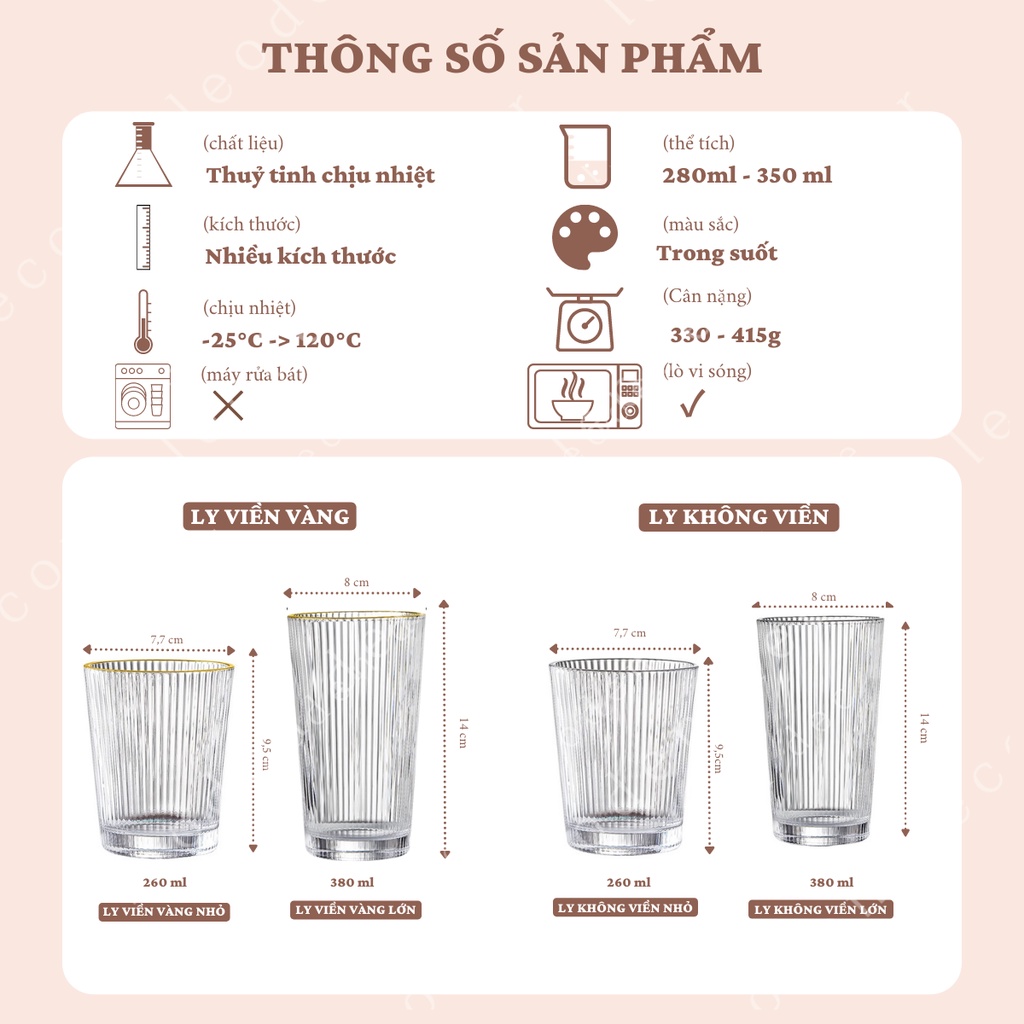 Cốc uống nước thủy tinh chịu nhiệt sọc dọc viền vàng trang trí nhà cửa, ly thuỷ tinh chịu nhiệt decor đẹp