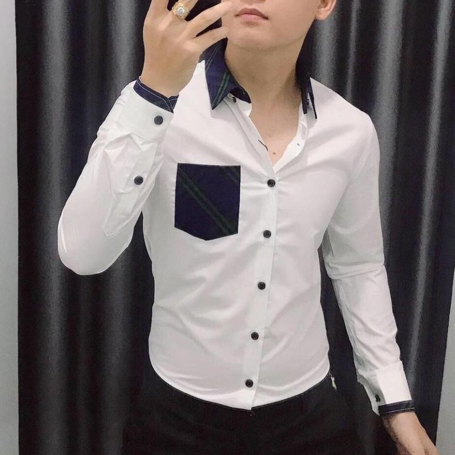 Áo sơ mi nam vải lụa không nhăn mẫu mới thời trang phối sọc phong cách