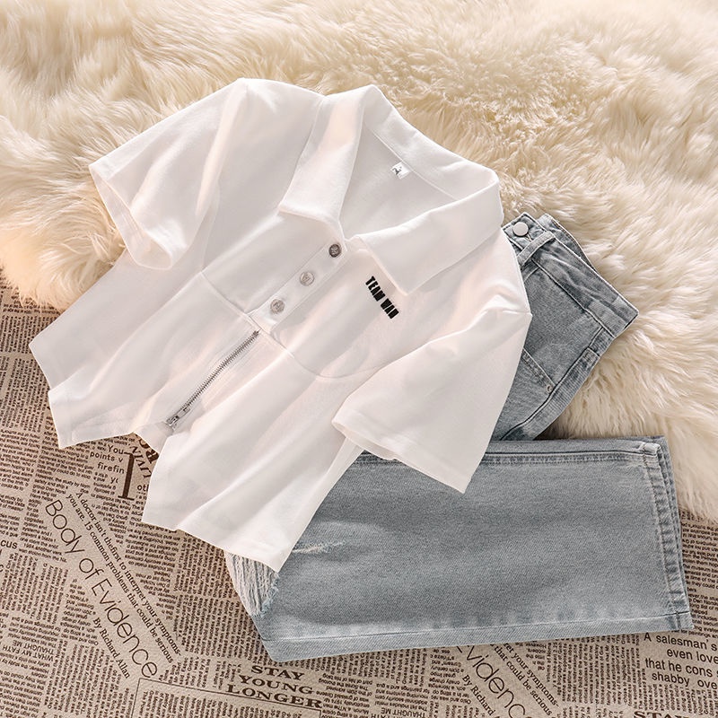 Set Áo Thun Ngắn Tay + Quần Jeans Lưng Cao Thời Trang Hè Hàn Quốc Mới 2022 Cho Nữ