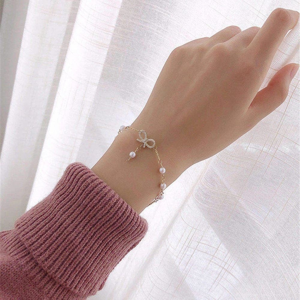 Vòng Tay Hình Nơ Bằng Hợp Kim Đính Ngọc Trai Phong Cách Hàn Quốc Thời Trang Cho Nữ