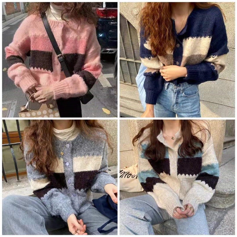 Áo khoác cardigan dệt kim tay dài màu sắc tương phản phong cách vintage cho nữ