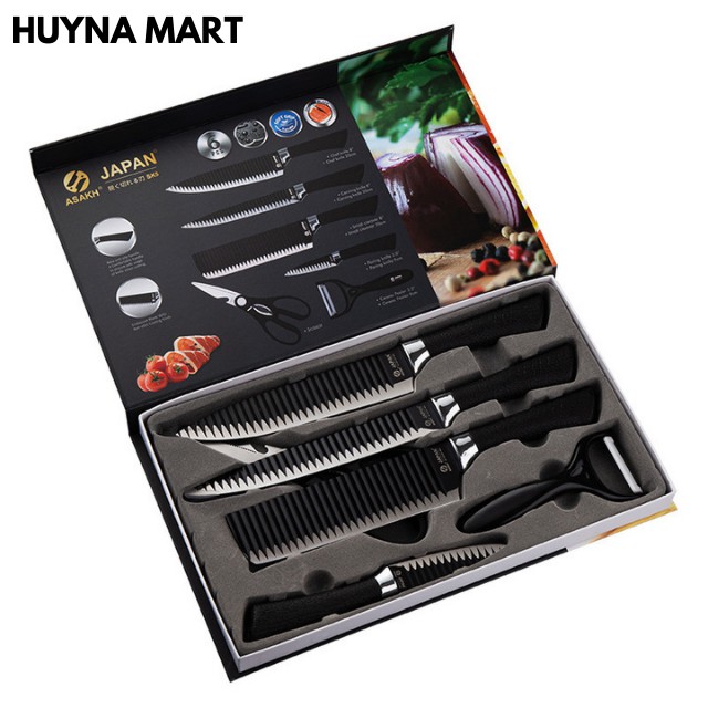 Bộ Dao Kéo Asakh 6 Món Cao Cấp Công Nghệ Nhật Lưỡi Chất Liệu Crom Chống Gỉ Phủ Sứ Sắc Bén
