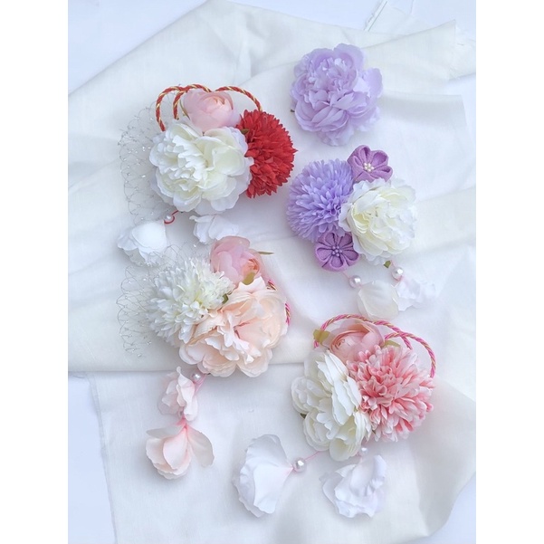 Kẹp tóc Kanzashi phối hoa lụa- Cài tóc cổ trang