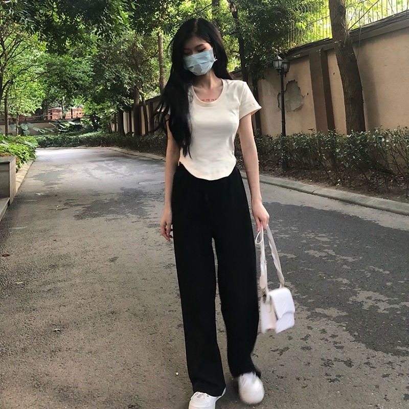 Set Áo Thun Ngắn Tay Và Quần Dài Ống Rộng Thời Trang Mùa Hè Mới Cho Nữ