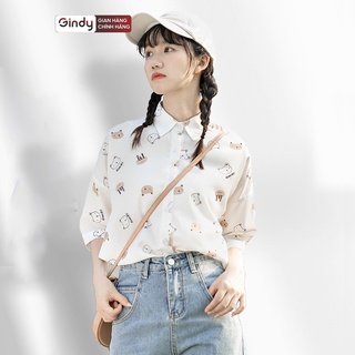 Áo sơ mi nữ GINDY họa tiết gấu tay lỡ form rộng dáng basic cổ bẻ kiểu Hàn Quốc thời trang xuân hè A6122