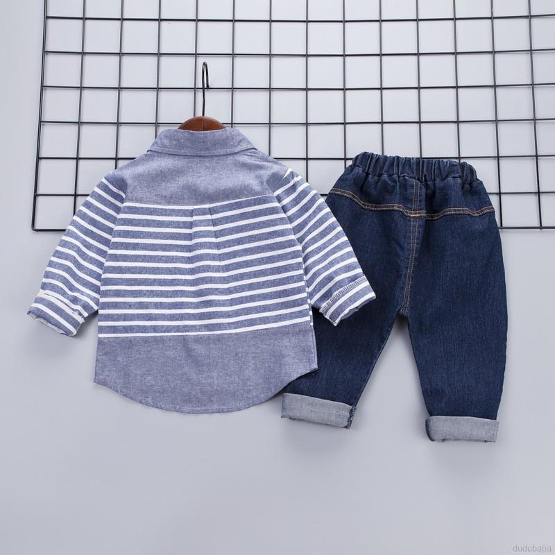 Bộ áo tay dài kẻ sọc + quần jean denim cho bé trai từ 0-5 tuổi