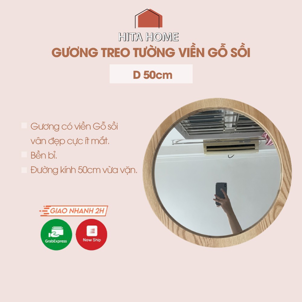 Gương tròn treo tường viền gỗ sồi