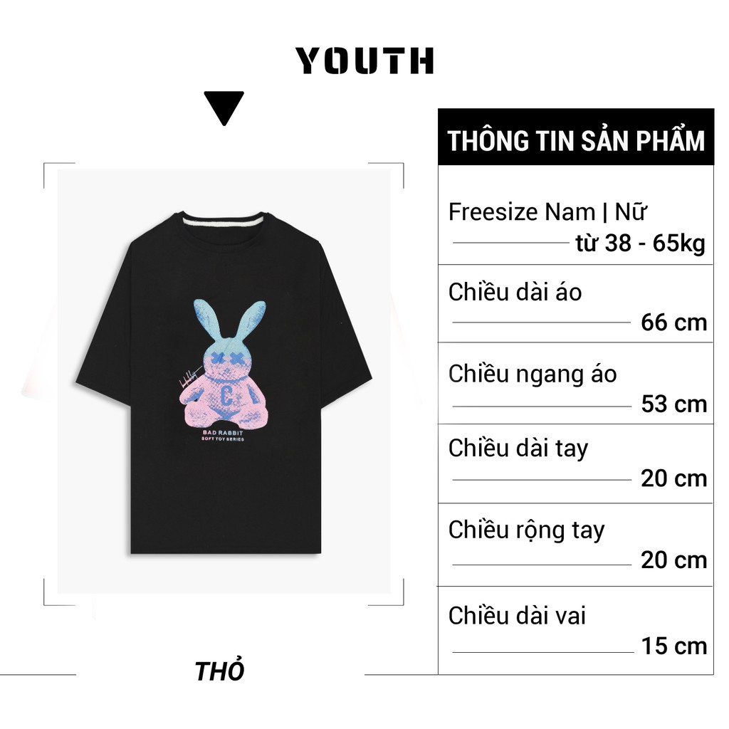 Áo thun nam nữ unisex YOUTH form rộng cổ tròn tay lỡ vải Cotton xịn FreeSize(38-65Kg) - Thỏ - AP32