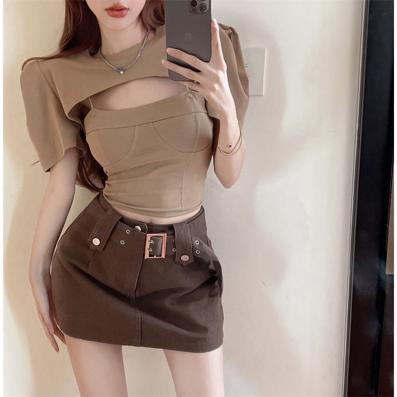 COZOK Set Áo Thun Tay Ngắn + Áo Sát Nách Dáng Ôm Trẻ Trung Quyến Rũ Dành Cho