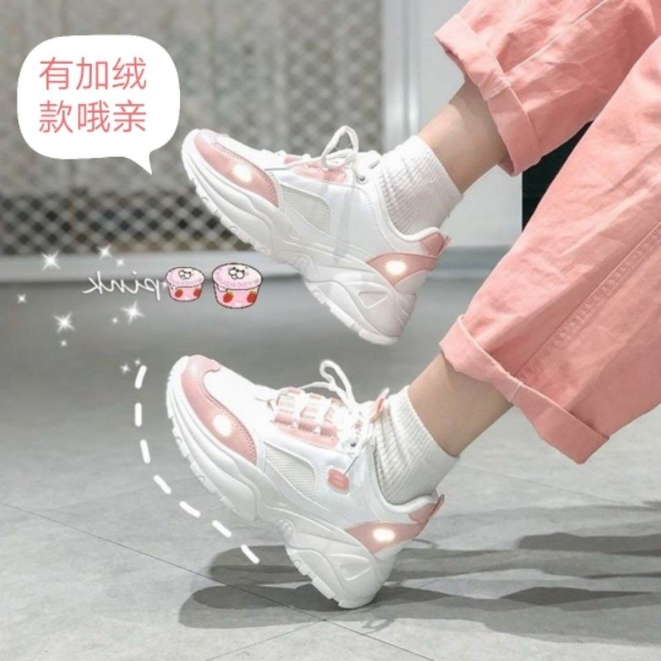 Giày sneaker đế xuồng tăng chiều cao cho nữ♚Giày bata lót nhung màu hồng xinh xắn cho nữ