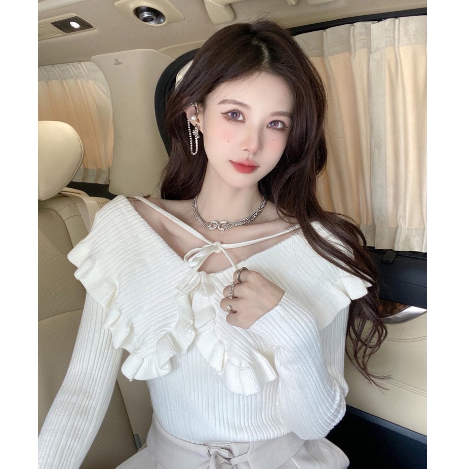 Porozi  Áo sweater dệt kim cổ búp bê xinh xắn dành cho nữ