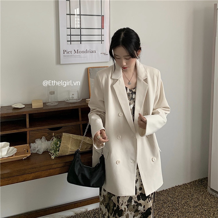 Áo khoác blazer tay dài dáng rộng màu đen/ trắng dễ phối đồ phong cách Hàn Quốc thời trang cho nữ