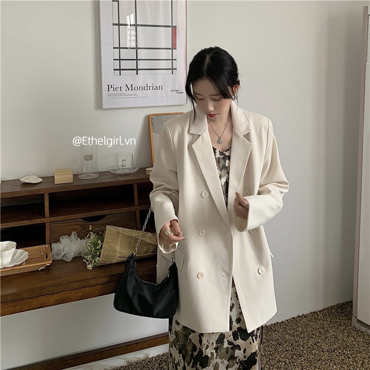 Áo khoác blazer tay dài dáng rộng màu đen/ trắng dễ phối đồ phong cách Hàn Quốc thời trang cho nữ | BigBuy360 - bigbuy360.vn