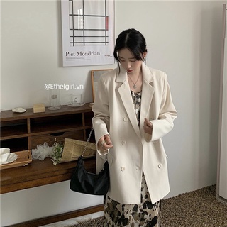 Ethelgirl Áo khoác blazer tay dài dáng rộng màu đen/ trắng dễ phối đồ phong cách Hàn Quốc thời trang cho nữ