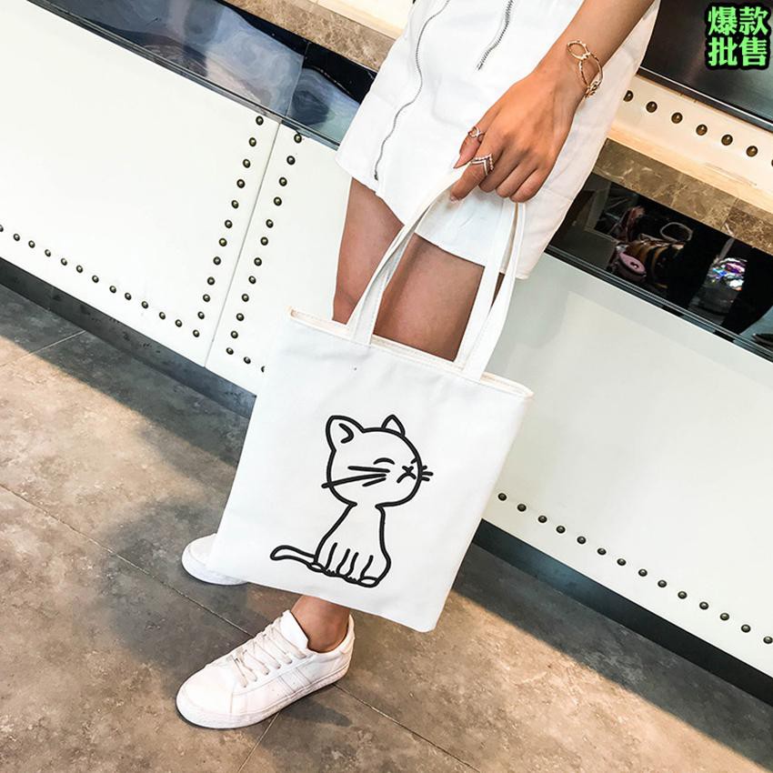 Túi tote vải bố đựng đồ canvas phong cách Hàn Quốc mèo con dễ thương