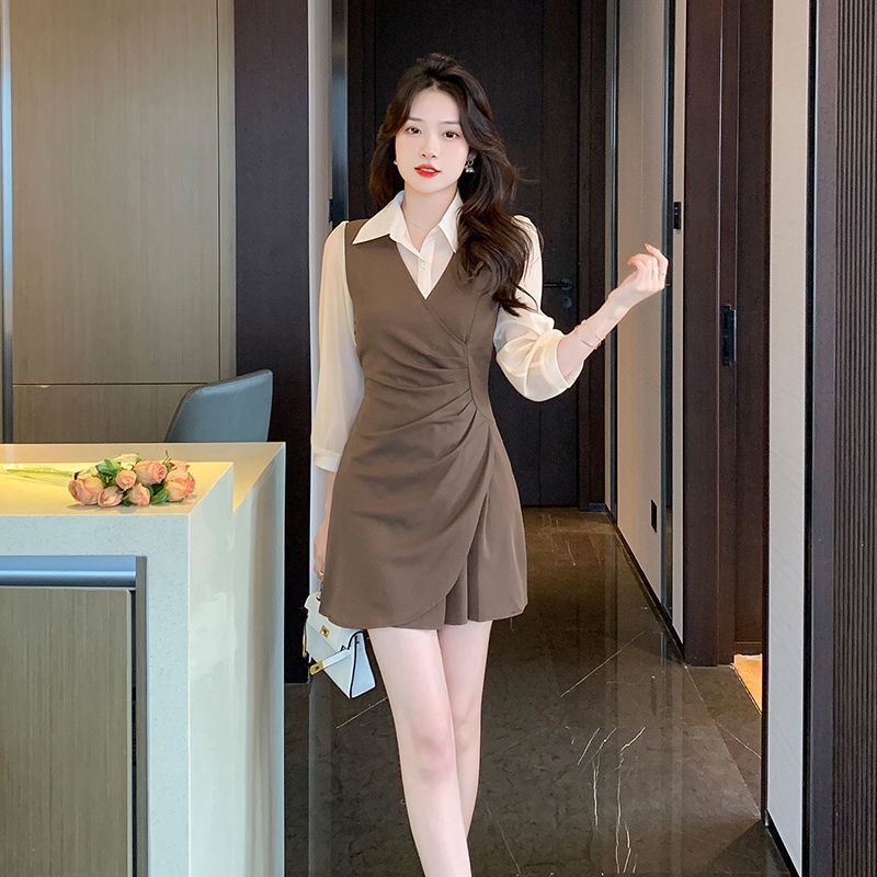 Đầm Sơ Mi Dáng Chữ A Giả Hai Lớp Xếp Ly Thời Trang