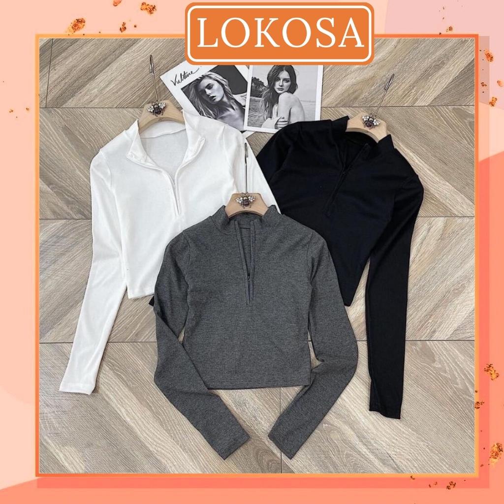 Áo Croptop Có Cổ Tay Dài LOKOSA Áo Ôm Body Nữ Kiểu Dài Tay Thiết Kế Khoét Ngực Cổ V Sexy Có Dây Kéo AO051