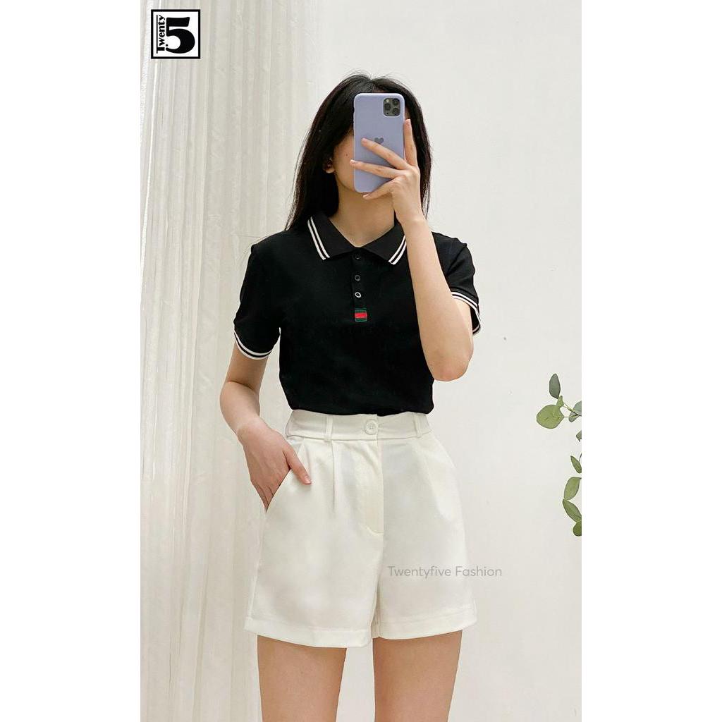 Áo thun polo nữ viền cổ đen 2 vạch Twentyfive 3741