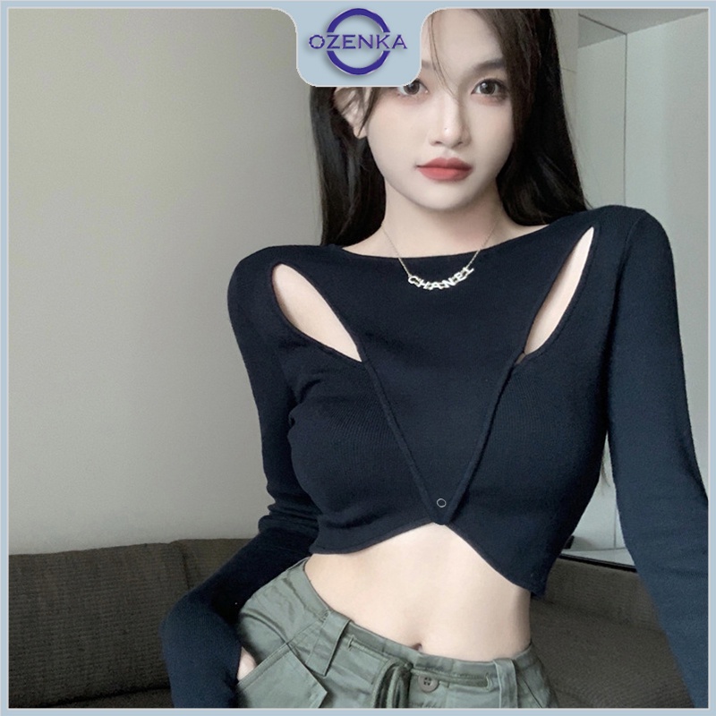 Áo croptop nữ tay dài ôm kiểu Hàn Quốc , áo thun crt mặc thu đông vải cotton màu đen trắng tôn dáng gợi cảm
