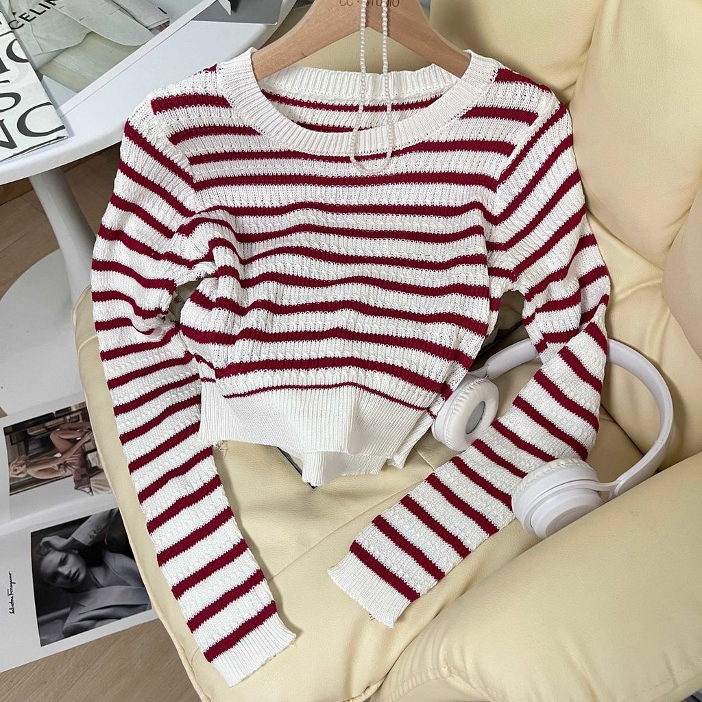 Áo Dệt Kim Mỏng Cổ Tròn Dáng Ôm Họa Tiết Kẻ Sọc Phong Cách retro Thời Trang Mùa Thu Mới