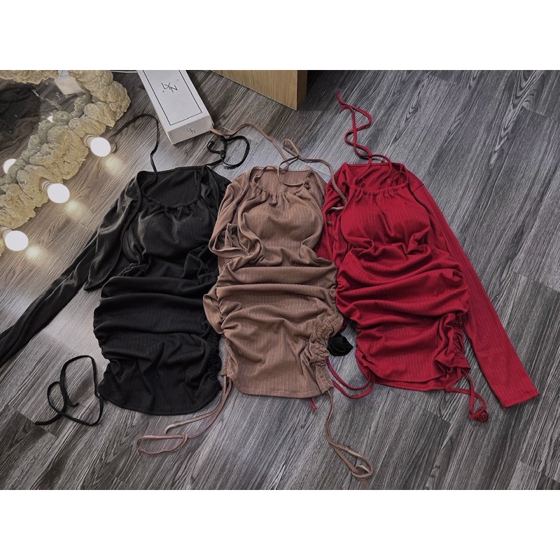 SET ĐẦM BODY CỔ YẾM DÂY RÚT HÔNG KÈM ÁO KHOÁC SEXY