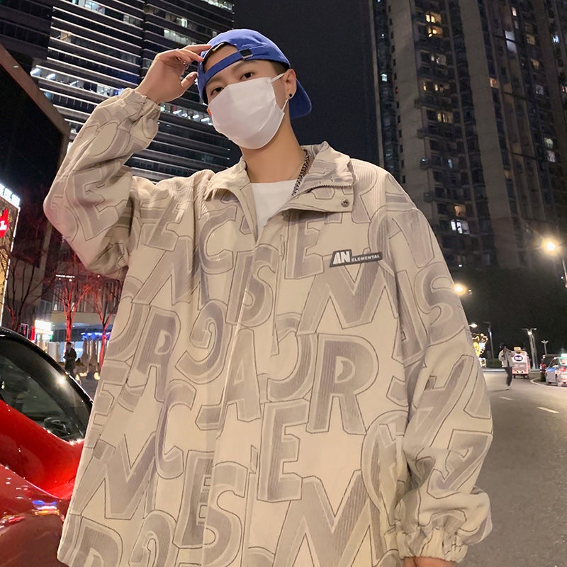 Áo Khoác Nhung Kẻ Dáng Rộng Phối Khóa Kéo In Chữ Thời Trang Mùa Thu Cho Nam Giới