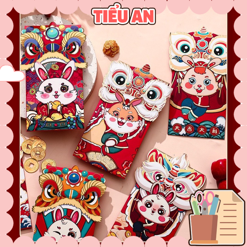 Set 4&amp;6 Bao lì xì Chúc mừng năm mới 2023 hình độc đáo ấn tượng với chú Thỏ Xinh Xắn - Giấy dày - Lì xì Tết