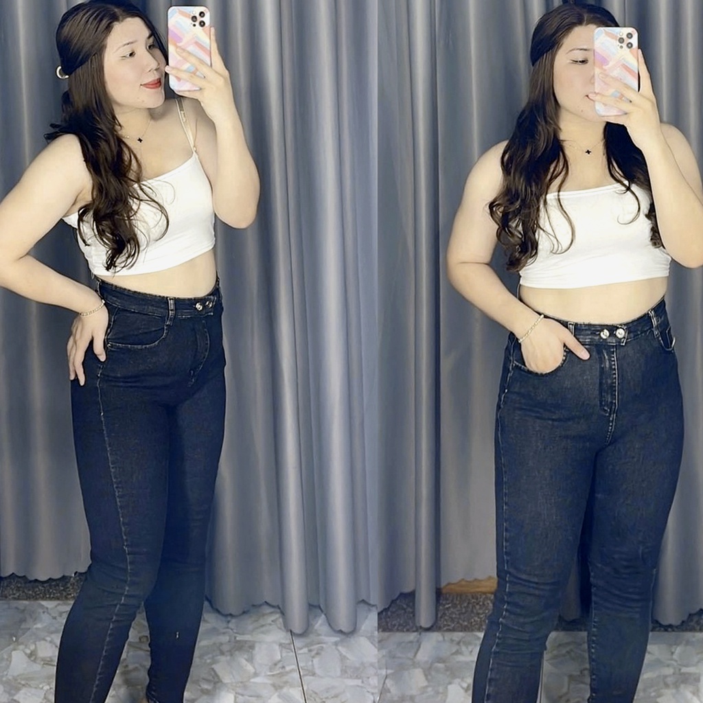 Quần Jeans Denim Xám Tây 2 Nút 1045, Lưng Siêu Cao, Co Giãn Mạnh