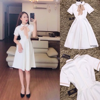 Đầm trắng xoè cổ thắt nơ thanh lịch + Ảnh thật