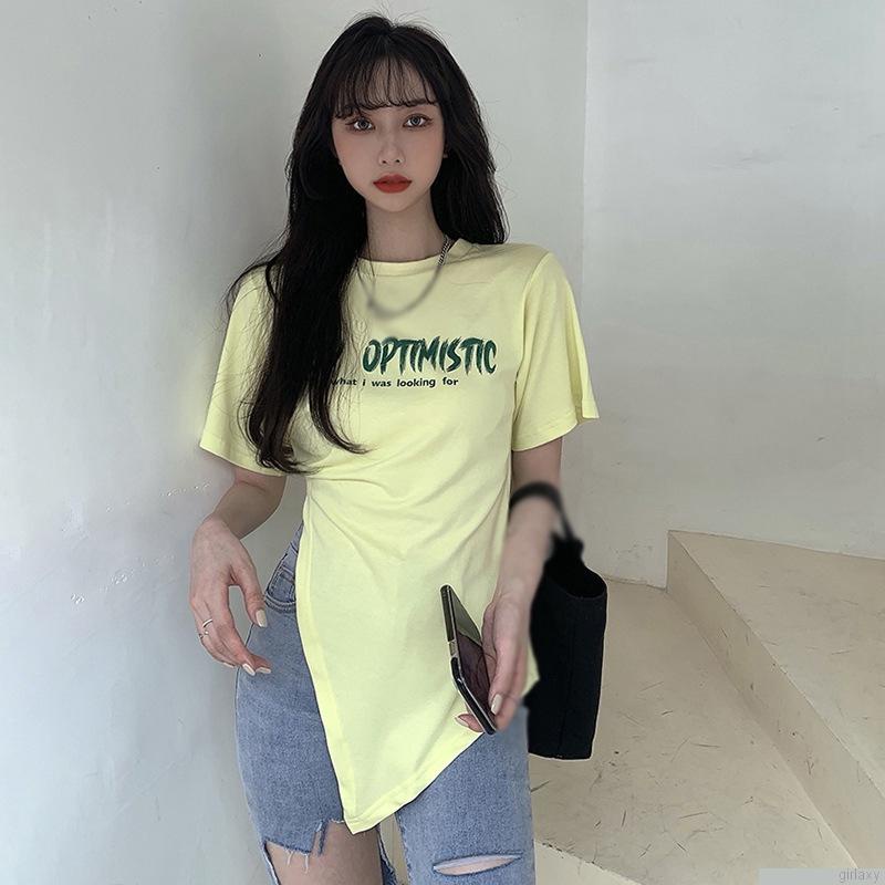 Áo thun ngắn tay cổ tròn in chữ phong cách hàn quốc dành cho nữ