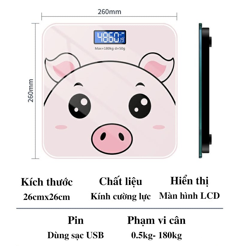 Cân điện tử cân sức khỏe gia đình hình heo  màn hình led sạc usb dùng pin kính cường lực cao cấp tặng kèm thước dây